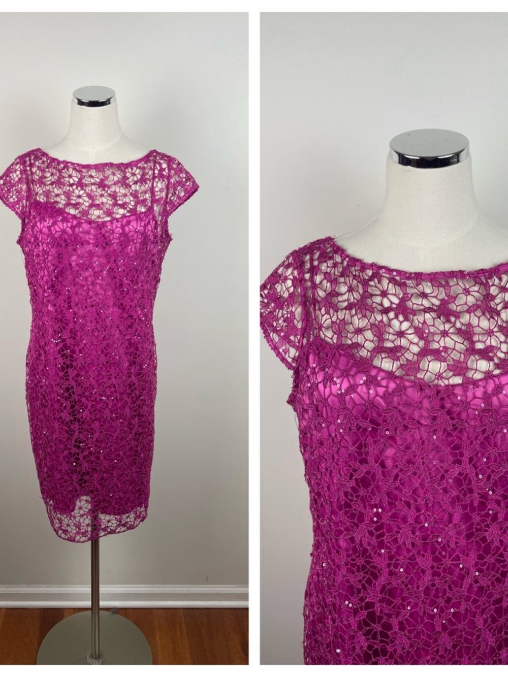 Kay Unger Pink Sequin Floral Lace Dress Women Size 14 New York
